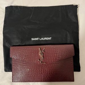 SAINT LAURENT - Uptown Croc-effect Patent-leather Pouch - Red/Burgundy with SHW